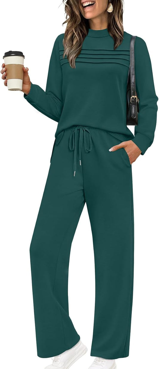 Two Piece Sets for Women Fall Travel Vacation Outfits 2026 Long Sleeve Lounge Sets Side Slit Wide Leg Pants S-3XL