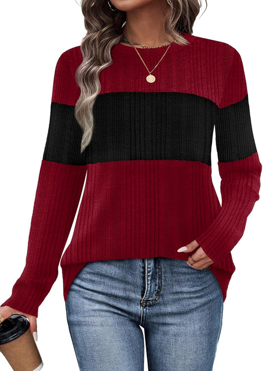 Womens Sweaters Trendy Color Block Tops Long Sleeve Shirts Fall Outfits Early Fall Fashion
