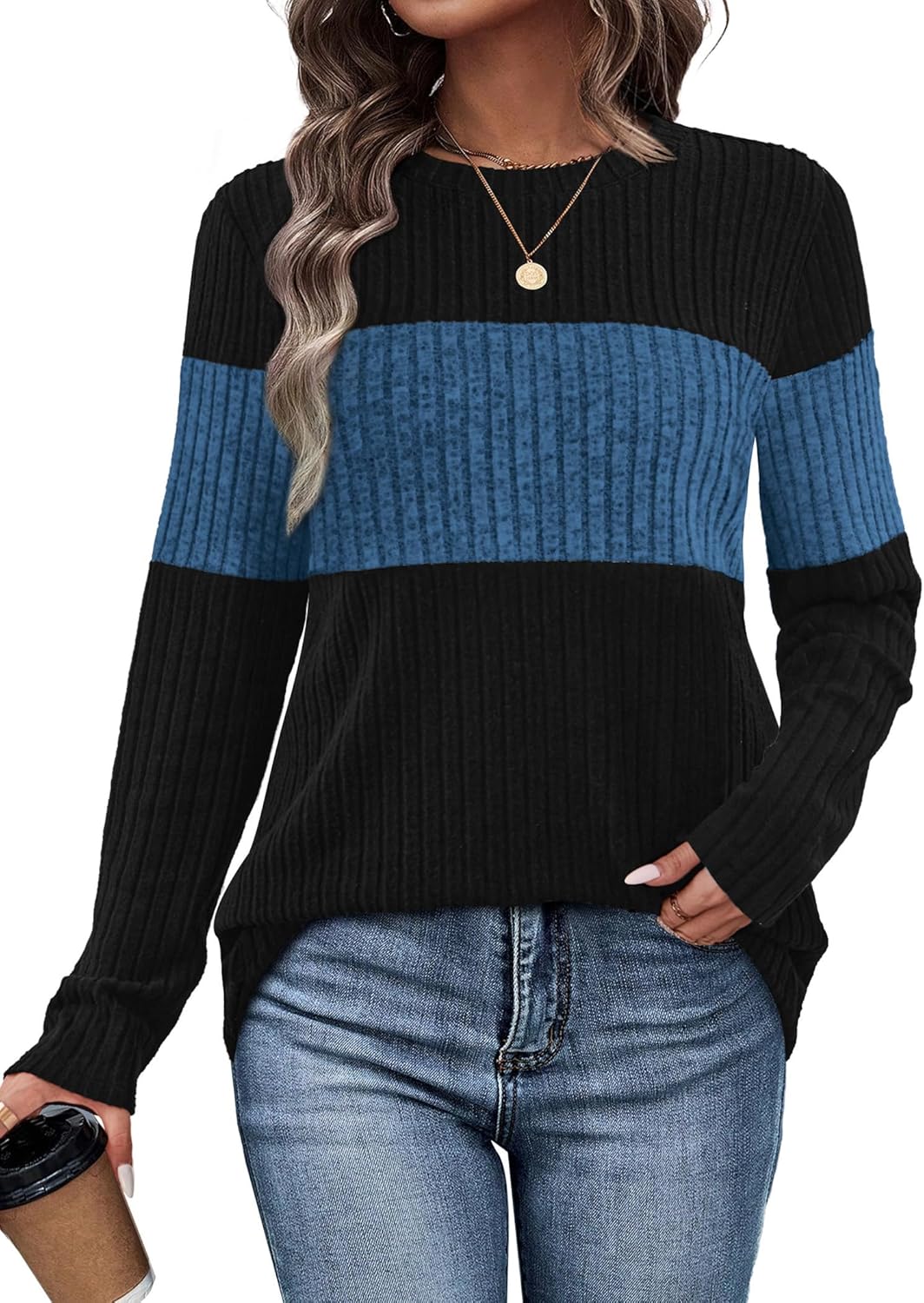 Womens Sweaters Trendy Color Block Tops Long Sleeve Shirts Fall Outfits Early Fall Fashion