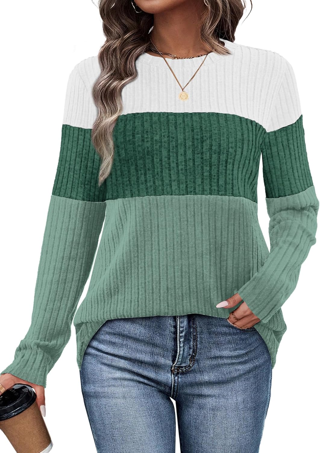Womens Sweaters Trendy Color Block Tops Long Sleeve Shirts Fall Outfits Early Fall Fashion