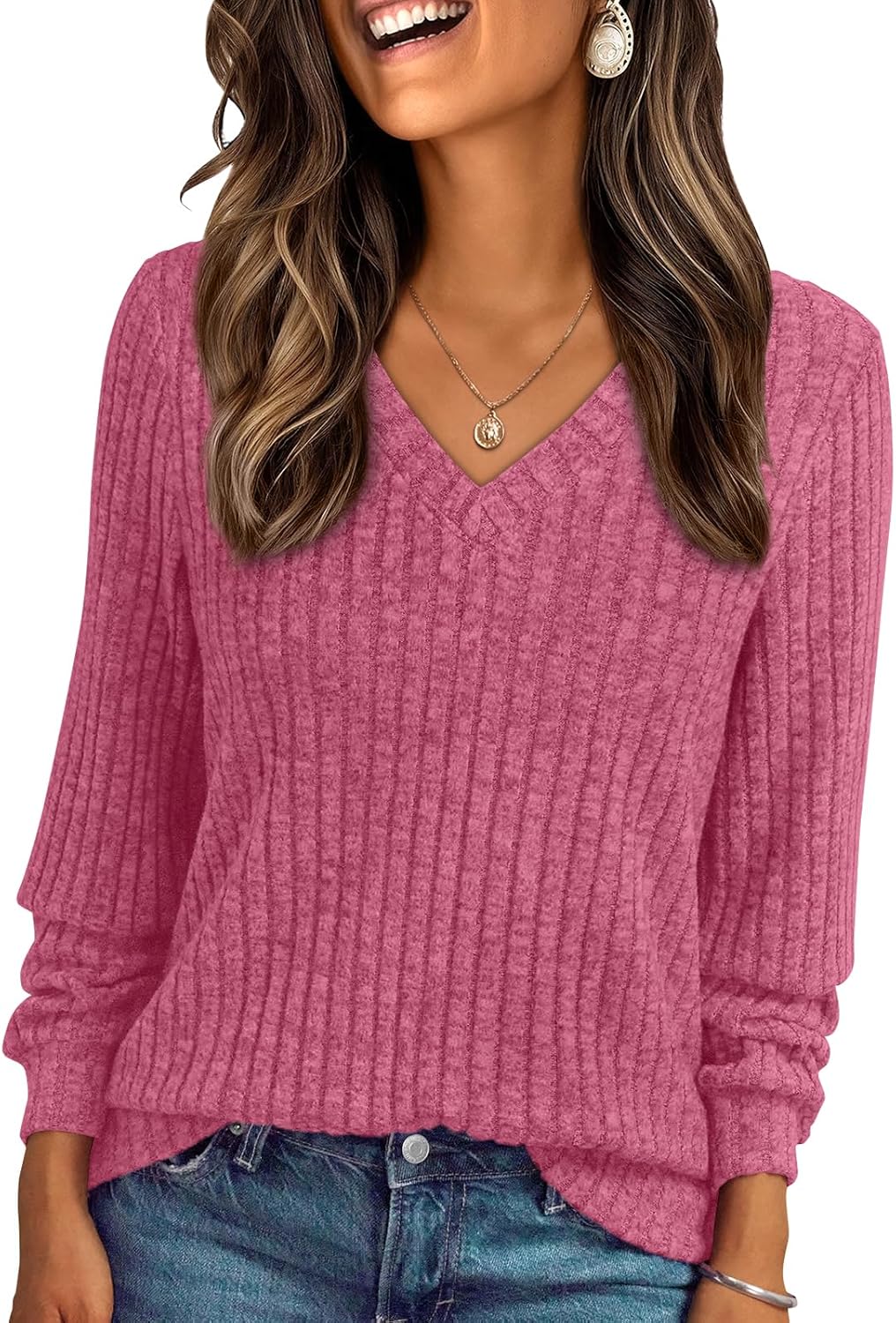 Womens V Neck Long Sleeve Shirt Fall Fashion Tops Tunic Dressy Casual Sweater